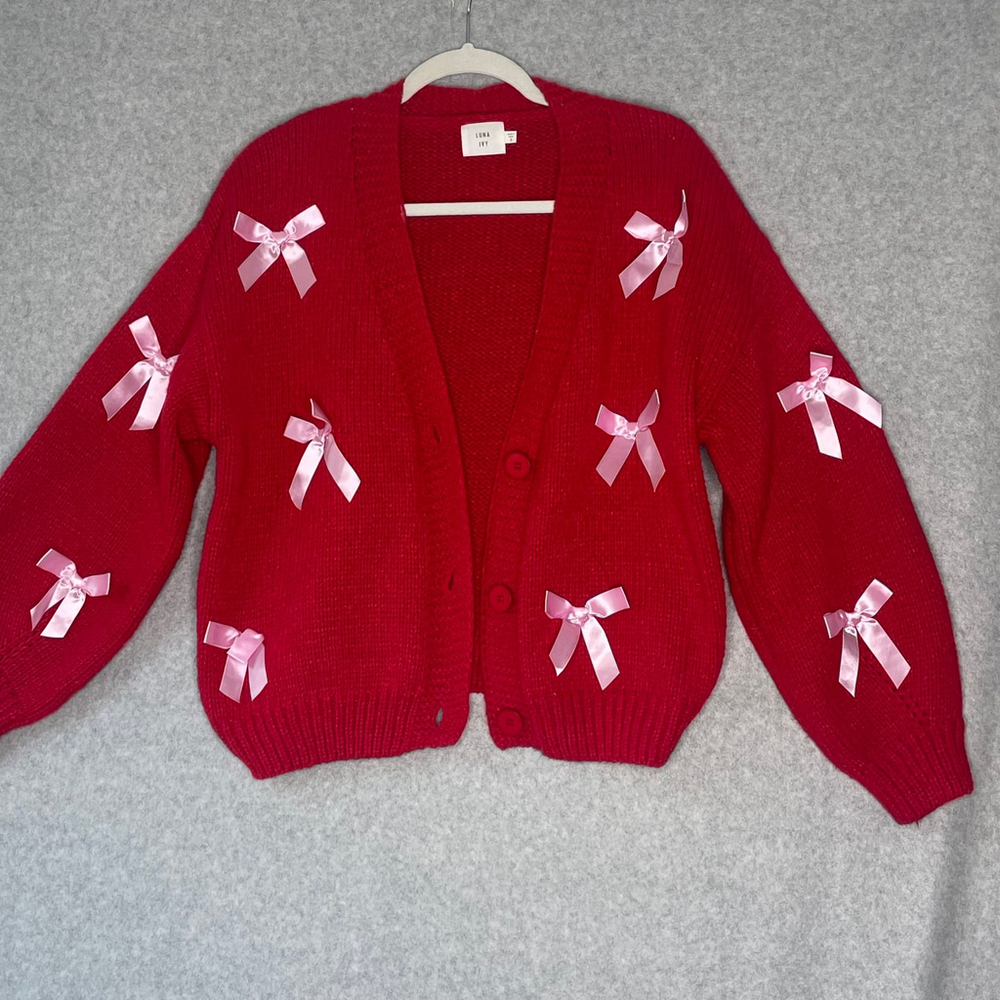 Luna Ivy Red Chunky Knit Bow Cardigan Small